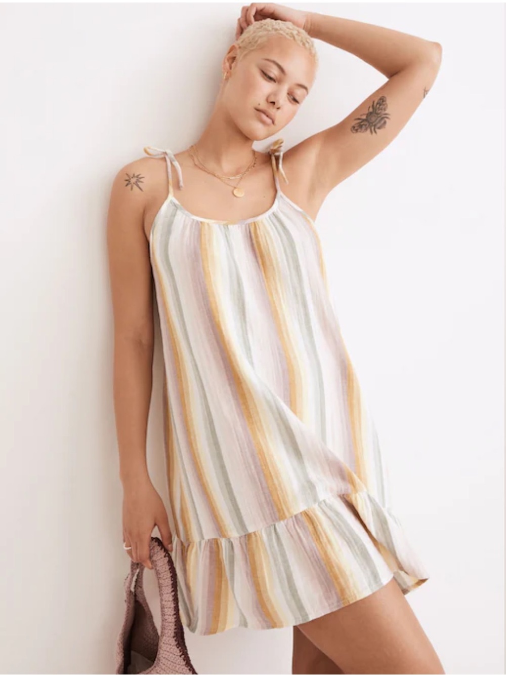 Madewell Rainbow Stripe Lightspun Tie Strap Ruffle Hem Cotton Gauze Beach Dress